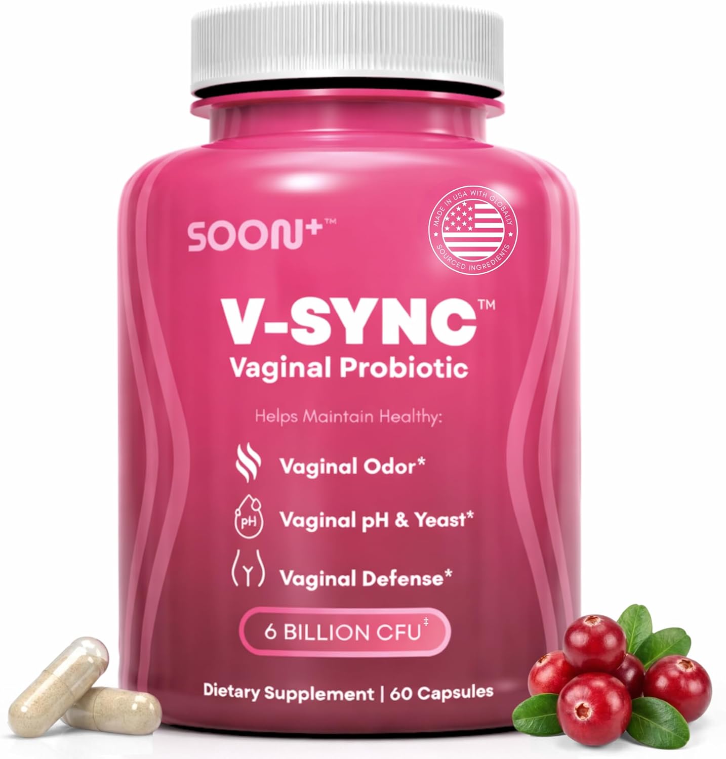 SOON+ Vaginal Probiotics for Women, V-Sync Vaginal Probiotic with Lactobacillus, Cranberry & Prebiotics, Support pH Balance for Women, Urinary Health Digestive Support, 6 Billion CFU, 60 Capsules