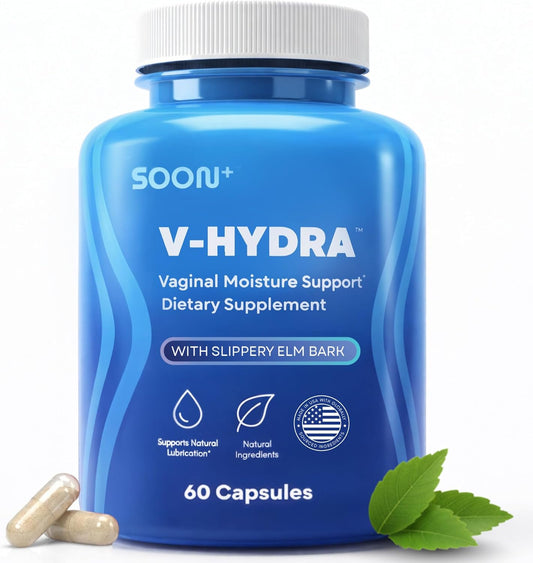 SOON+ Vaginal Moisture Support with Slippery Elm for Women, V-Hydra Natural Moisture Support, Intimate Hydration and Comfort with Slippery Elm Bark, 60 Capsules