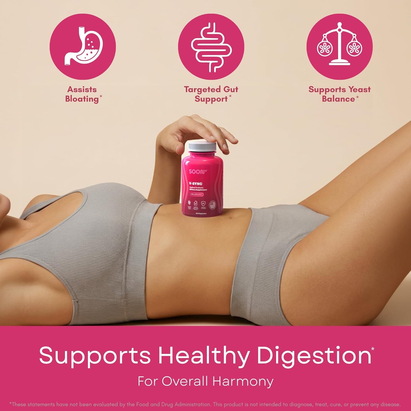 SOON+ Vaginal Probiotics for Women, V-Sync Vaginal Probiotic with Lactobacillus, Cranberry & Prebiotics, Support pH Balance for Women, Urinary Health Digestive Support, 6 Billion CFU, 60 Capsules