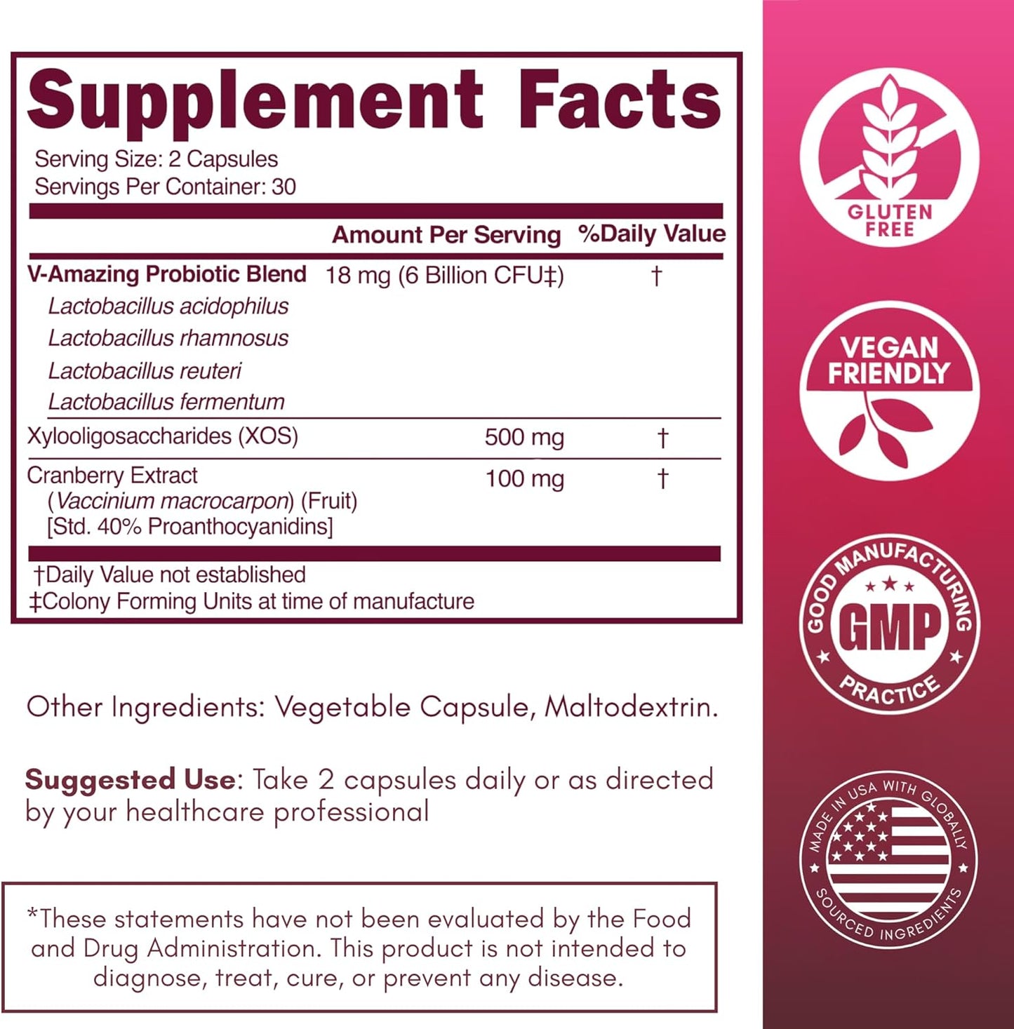 SOON+ Vaginal Probiotics for Women, V-Sync Vaginal Probiotic with Lactobacillus, Cranberry & Prebiotics, Support pH Balance for Women, Urinary Health Digestive Support, 6 Billion CFU, 60 Capsules